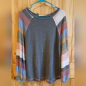 Lime And Chili Gray Women's Blouse with Multicolor Striped Sleeves Size L